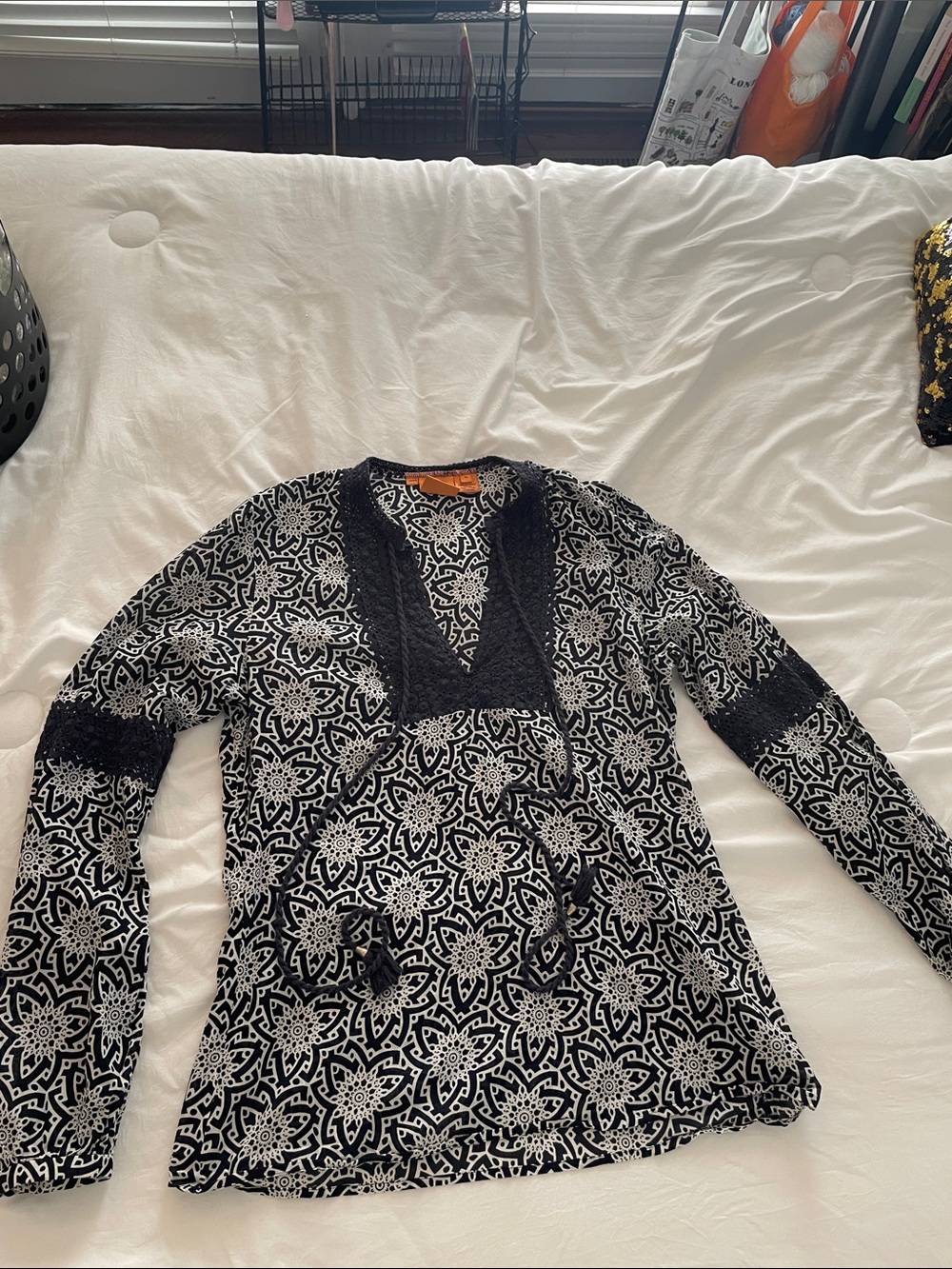 Tory Burch Navy and White Printed Tunic with Lace Trim